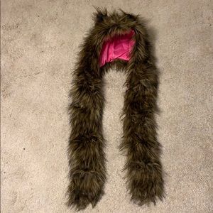 hat+scarf+mittens in one girls brown fur